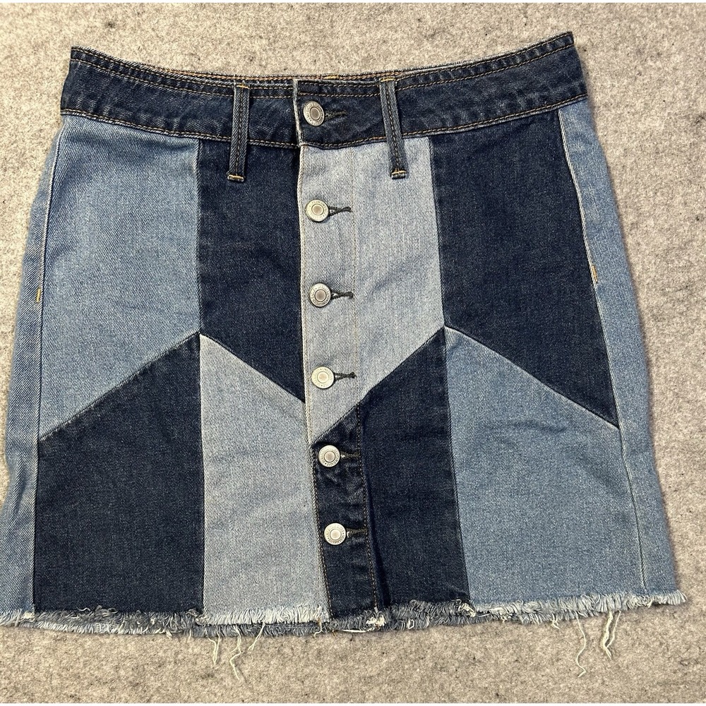 American Eagle Hi Rise Festival Mini Skirt Denim Blue Patchwork-Frayed Hem Sz 2